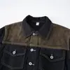 Chaqueta de Mezclilla Estilo Granja Retro con Solapa Hombres Mujeres Marca de Moda Parche de Gamuza Costura de Contraste Holgada Mezclilla Color Original Tendencia