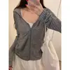 Top de Camiseta de Manga Larga con Cremallera y Rayas con Capucha para Mujer, Estilo Coreano, Delgado, Casual, Versátil, Cardigan Protector Solar Chaqueta Corta