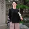 Nova Camisa de Linho de Algodão Estilo Chinês com Gola Alta Feminina Manga Longa Bordado Estilo Nacional Camiseta Solta Emagrecedora Temperamento Versátil Top Feminino
