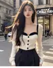 Andy Forro Polar Lavado Agua Pureza Deseo Estilo Cuello Cuadrado Temperamento Chica Caliente Bloque de Color Cuello Cuadrado Manga Larga Top Mujer Otoño Nuevo Estilo