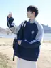 Sudadera Deportiva de Cuello Alto Retro Americano Nueva de Primavera y Otoño para Hombre y Mujer con Rayas de Color Contrastante Bordado Chaqueta con Cremallera para Pareja