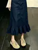 Saia Azul Escuro Feminina 2026 Verão Nova Babados Cintura Alta Emagrecedora Estilo Coreano Elegante Midi de Barra A