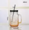 Em estoque copo de vidro Mason copo para bebidas copo de vidro quadrado com alça copo para drinks copo para milkshake copo para bebidas copo com canudo copo de gelo crisântemo