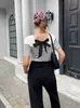 Zt6619 Top de Punto Transfronterizo para Mujer con Rayas y Puntadas, Casual y Elegante, sin Espalda con Lazos y Cordones