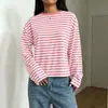 2026 Nueva Camiseta de Manga Larga Rayada para Mujer de Amazon, Holgada, Cuello Redondo, Bloque de Color, Capa Base, Primavera Otoño, Top Casual