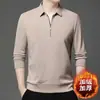 Camiseta Masculina Gola Polo com Zíper Parcial Manga Longa Forrada com Lã Outono Inverno Espessada Casual de Negócios Solta Cor Sólida Base