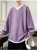 Camiseta de manga larga con bloques de color, cuello en V y textura para hombre, nueva colección de otoño, casual, versátil, corte holgado, sudadera tipo jersey de dos piezas simuladas