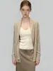 Cardigã de malha elegante e sofisticado estilo francês de manga comprida para mulheres, primavera e outono, cor cáqui, suave e estiloso, top de corte solto