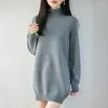 Vestido de tricô cinza de algodão puro com gola alta para mulheres, comprimento médio, versátil para o trabalho, vestido suéter de manga longa grosso para outono e inverno