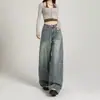 Jeans de pierna ancha, holgados, lavados, desgastados, estilo retro americano, talla grande, para figura de pera, versátiles, adelgazantes, con caída, pantalones de largo hasta el suelo