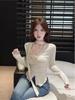 Dulce Sexy Sexy Hombro Derecho Cuello en V Manga Larga Camiseta Mujer Otoño e Invierno Nuevo Estilo Asimétrico Ajustado Top Interior