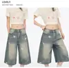 Shorts jeans cropped com estampa de estrela retrô americano 2026 verão fino solto lavado perna larga