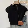 Camisa Tricot Manga Curta Gola Polo Cor Sólida Elegante para Mulheres, Nova Tendência Verão 2026 Top Curto Único e Chique