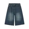 Nuevos Shorts de Mezclilla Rectos de Tres Cuartos Lavados Vintage Desgastados de Ajuste Holgado para Hombre, Verano 2026, Ajuste Holgado, Azul Oscuro de Moda