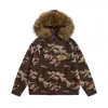 Moletom Tricotado com Capuz e Gola de Pelo Camuflado Retro Americano Masculino Outono Solto Moda de Rua Divertido Moletom Bordado Tricot