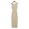 3469-26 Outono Estilo Coreano Slim Fit Gola Redonda Sexy Costelado Sem Mangas Fenda nas Costas Bodycon Vestido Longo
