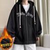 Moletom Cardigan com Capuz Masculino e Feminino Outono e Inverno Jaqueta Estampada com Letras Roupas Casuais Soltas para Casal Jaqueta com Zíper Casual para Estudante