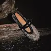 Sandalias de Malla con Pedrería para Mujer Zapatos Mary Jane Primavera Nueva Piel Genuina Malla Punta Redonda Tacones Planos Sandalias de Malla para Mujer Mujer