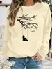 Moletom Pulôver Casual Solto Feminino Outono Inverno Veludo Estampado Padrão Árvore Pássaro Manga Longa Gola Redonda