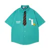 Camisa de Manga Corta Decorativa con Bordado de Flor y Letra Estilo Retro Americano para Hombre, Verano, Holgada, Casual, Camisa de Pareja