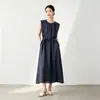 Vestido de Crepé de Seda con Cuello Redondo y Mangas Anchas para Mujer Verano Nuevo Estilo Cintura Adelgazante Vestido Chaleco con Estampado de Mezclilla Azul