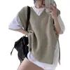 Chaleco suéter casual de punto retro de cuello en V, holgado y versátil, estilo coreano ins, con aberturas laterales para mujer