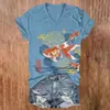 Ropa de mujer transfronteriza, top de diseño casual con cuello en V de manga corta con estampado digital 3D de peces dorados en acuarela, pedido mínimo una pieza