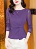 Top Morado de Seda de Morera Hombros Descubiertos para Mujer, Manga Larga, Nuevo Estilo Primavera y Otoño, Camiseta de Malla Ceñida a la Cintura para Mamás