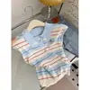 Top de Punto con Cuello Polo a Rayas de Bloques de Color Verano Manga Corta para Mujer 2026 Nuevo Estilo Coreano Casual Camisa Básica con Manga de Volantes