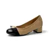 Zapatos de tacón alto para mujer que aumentan la altura 6 cm, con lazo metálico, diseño de rombos, nuevos 2026, estilo francés, bloques de color, punta redonda, tacón grueso, zapatos de salón