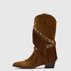 Botas western cowboy Melard retrô com franjas para mulheres, bico fino, salto grosso, botas da moda, uso bidirecional destacável, botas de rebite de cano médio