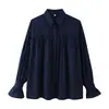 Moda Femenina Elegante y Moderna de Primavera 2026 para Aliexpress Transfronterizo, Top Camisa con Solapa Plisada, Diseño de Retazos y Mangas Acampanadas