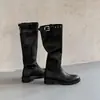 Estilo Old Money~Elegante e Chique para o Deslocamento de Outono e Inverno, Fivela de Cinto Emagrecedora Europeia e Americana, Salto Médio Bloco, Botas Longas de Couro Genuíno
