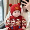 Gorro Rojo Festivo para Bebé Otoño e Invierno Cálido Engrosado Tejido de Lana para Niños y Niñas Gorro de Punto para Año Nuevo