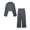 Comercio exterior transfronterizo de Amazon 2026 artículo de moda más vendido conjunto de dos piezas para mujer: top corto de color gris oscuro con cuello semi-alto y pantalones de pierna ancha