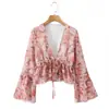 1726-25 Camisa de Chiffon Floral Romântica Estilo Francês de Inverno com Babados e Mangas Sino com Gravata Decote V Camisa Estampada de Manga Longa