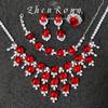 Collar y anillo con diseño de tesoro de color retro para mujer, conjunto de cadena de temperamento de alta calidad con incrustaciones de diamantes, aretes y pulsera con gemas de sangre roja de paloma