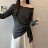 Algodão 100% de alta qualidade, 40 fios, 1x1Roupas femininas plus size 2026 novo estilo outono camiseta listrada de manga longa com cintura ajustável irregular
