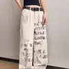 Jeans Retrô Americano Vintage Lavado com Estampa de Letras para Homens e Mulheres, Calças Casuais Largas de Cintura Alta com Barra Reta até o Chão