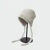 Gorro de Punto con Borde Enrollado de Moda Estilo Japonés para Mujer, Gorro de Punto Cálido para Otoño e Invierno que Protege las Orejas con Cordón