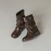 Botas de vaquero occidentales retro de suela gruesa para mujer, botines plisados, estilo otoño e invierno, hebilla de cinturón adelgazante, tacón grueso, botas de media pantorrilla