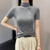 Camisa Base Preta de Manga Média para Mulheres com Gola Alta Meia e Nova T-shirt Slim de Manga Três Quartos Outono 2025 Top de Manga Meia