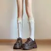 Calcetines altos hasta la pantorrilla para mujer, otoño e invierno, algodón, ribete de encaje, estilo JK, calcetines holgados, adelgazantes, Lolita, calcetines de encaje, antibacterianos