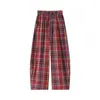 Pantalones de Lino a Cuadros para Mujer, Pierna Ancha, Adelgazantes y Versátiles, Cintura Alta, Caída Suelta, Nueve Puntos, Casual Rectos de Algodón y Lino, Cuadros Rosas