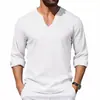 Amazon Transfronterizo Primavera Nuevo Producto Estilo Americano Holgado Lino Casual Holgado Hombres Diseño Cuello en V Talla Grande Manga Larga Camiseta