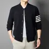 Suéter Masculino Juvenil de Malha com Zíper Meio Alto e Listras Verticais, Manga Longa, para Primavera, Outono e Inverno, Quente e Grosso, Estilo Casual e Relaxado