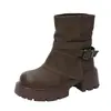 Botines de Pierna Gruesa con Tacón Grueso y Correa de Hebilla para Mujer 2026 Nuevo Estilo Británico Botas Martin Adelgazantes de Media Pantorrilla Botines Cortos Fruncidos