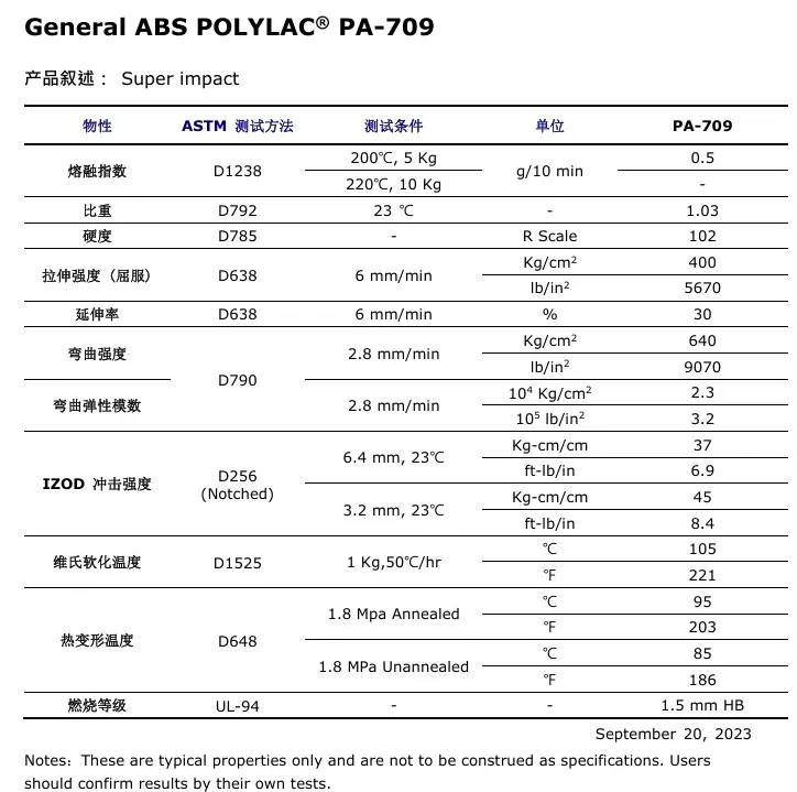 ABS台湾奇美PA-709物性表
