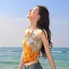 Estilo Vacaciones Transfronterizas Conjunto de Playa Chaleco Corto Pintura al Óleo Verano Sexy Cuello Halter Tirante Diseño de Nicho