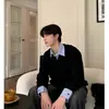 Sudadera bicolor de dos piezas falsas con cuello de camisa, top unisex de manga larga para otoño, corte holgado con cuello de solapa, adecuado para parejas